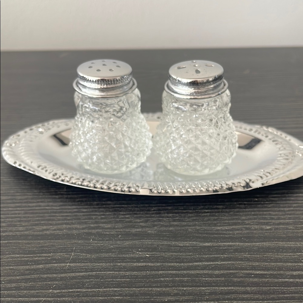 Adorable vintage mini cut glass  Salt and Pepper Shakers with tray